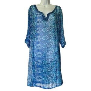 NWT Antica Sartoria blue chiffon coverup caftan beaded 3/4 sleeves Size L